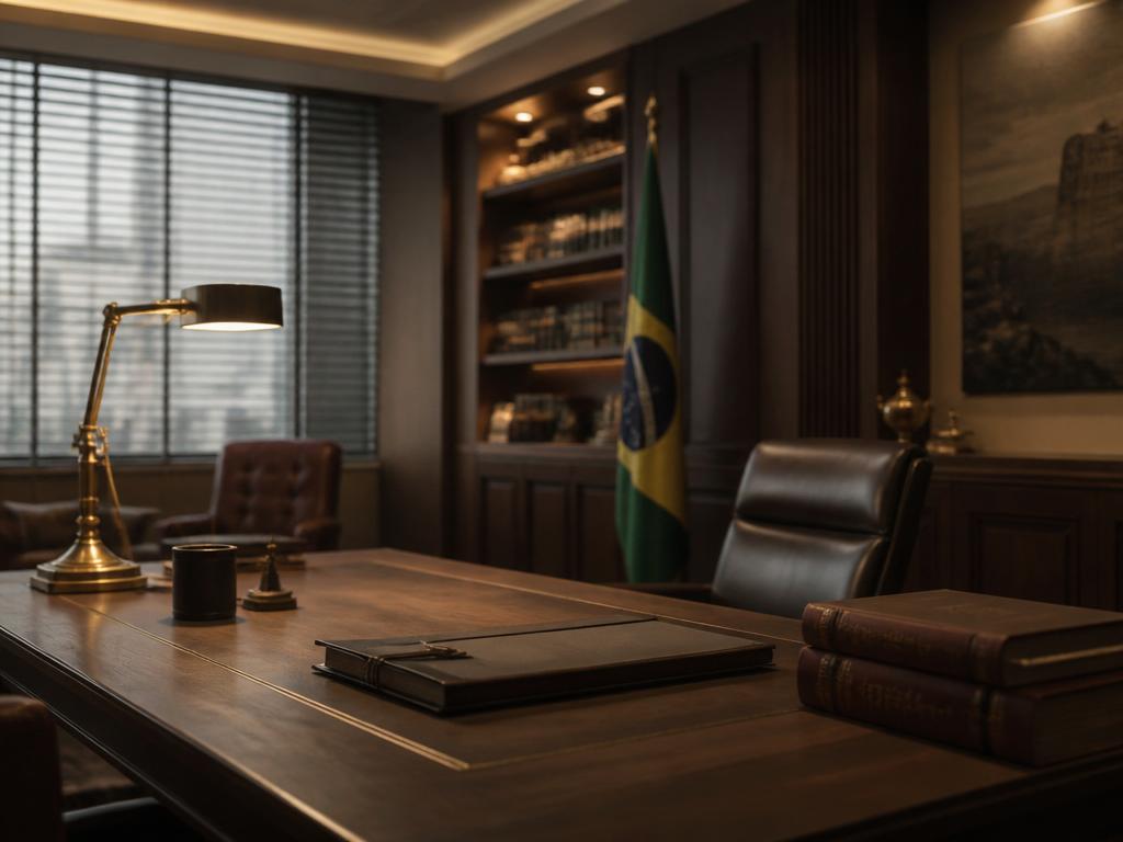 Escritório institucional com dossiê sobre mesa de madeira e bandeira do Brasil